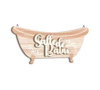 Putuo Decor Plaque murale “Salle de Bains” forme baignoire, enseigne décorative rustique scandinave, effet bois clair, lettrage blanc, décoration salle d’eau WC maison hôtel spa gîte