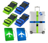 PUWOWYE 4 Pièces Sangle Valise Voyage, Ceinture Réglable, Sangles à Bagage Bleu et Vert avec Etiquette Valise