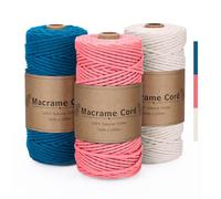 PUWOWYE Lot de 3 fils de macramé de 3 mm - Rose rouge, bleu, beige - Cordon en coton naturel pour bricolage, tricot, décoration bohème, bricolage - 3 x 100 m