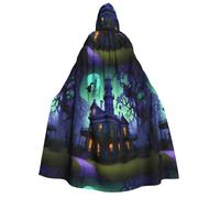PUYhgb Cape à capuche pour adulte avec imprimé manoir hanté noir pour adulte, capuche et nœud papillon, pour cosplay, astuce ou friandise