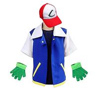 PUYYDS Hommes Anime Bleu Veste garçons Filles Ash Ketchum Cosplay Costume pour Halloween Femmes Formateur Chapeau et Gants Casquette de Baseball réglable
