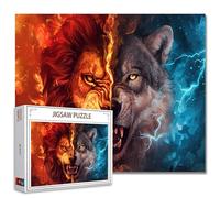 Puzzle, 1 000 pièces, pour adultes, rouge, motifs lion flamboyant et loup bleu éclair, demi-visage de lion et loup, décoration de la maison, puzzle familial, parfait pour soirée de jeu, comme cadeau