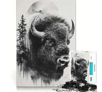 Puzzle 1000 Bison Double exposition Lune Bords Propres Décor Jouet d'adresse Créatif Amusement Facile (38 x 52 cm)