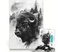 Puzzle 1000 Bison Double exposition Lune Bords Propres Décor Jouet d'adresse Créatif Amusement Facile (38 x 26 cm)