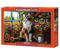 Puzzle 1000 elementów. Medytujący kot wśród kwiatów Castorland