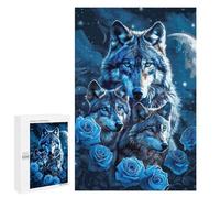 Puzzle 1000 PCS Blue Wolf Trio with Roses Puzzles pour Adolescents - Anti-Stress - Défi Éducatif - Idée Cadeau Et Anniversaire Unique 1000 PCS