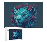 Puzzle 1000 PCS pour Adolescentes Blue Leopard with Red Roses -1 Puzzles pour Adolescentes Jeux Amusants Assemblage De Motifs Aide À Exercer Le Cerveau 1000 PCS