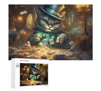 Puzzle 1000 PCS pour Adolescentes Charming Cat in Top Hat Playing Cards Puzzles pour Adolescentes Jeux Amusants Assemblage De Motifs Aide À Exercer Le Cerveau 1000 PCS