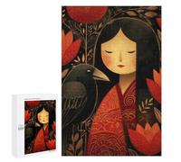 Puzzle 1000 PCS pour Adolescents Cute Kokeshi Girl with Raven Jeux De Puzzle Relaxants, Défi Difficile, Cadeaux Uniques pour Anniversaire Et Noël 1000 PCS