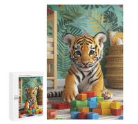 Puzzle 1000 PCS pour Adolescents Cute Tiger Cub with Blocks Puzzle Adulte Jeu Manuel Décoration Intérieure Cadeaux Uniques pour Anniversaire Et Noël 1000 PCS