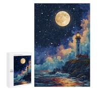 Puzzle 1000 PCS pour Adolescents Moonlit Coastal Lighthouse Scene Puzzle pour Adolescents Améliore La Mémoire Défi À Compléter Amusant en Famille Et Soirée Jeux 1000 PCS