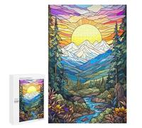 Puzzle 1000 PCS pour Adolescents Stained Glass Mountain Sunset Puzzle Adulte Jeu Manuel Décoration Intérieure Cadeaux Uniques pour Anniversaire Et Noël 1000 PCS