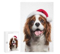 Puzzle 1000 PCS pour Adultes Cavalier King Charles Spaniel Dog with Santa Hat Portrait Puzzle pour Adultes Jeux Relaxants Découpe De Précision Idéal comme Cadeau pour Toute La Famille 1000 PCS
