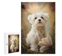 Puzzle 1000 PCS pour Adultes Maltese Dog Puppy with Flowers Puzzle Anti-Stress, Jouet pour S'amuser en Famille, Cadeau Anti-Stress 1000 PCS