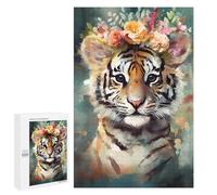 Puzzle 1000 PCS Tiger Cub with Flower Crown Puzzles pour Adultes - Cadeau d'anniversaire - Jeu Difficile Et Stimulant - Cadeaux