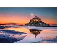 Puzzle 1000 pièces, Abbaye du Mont-Saint-Michel et Lune, Magnifique Coucher de Soleil, Décoration intérieure 70x50cm