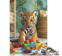 Puzzle 1000 pièces, Adorable Petit Tigre avec Blocs, Puzzle carré créatif en Bois pour Adultes, Cadeaux de Noël, 1000 pièces (75 x 50 cm)
