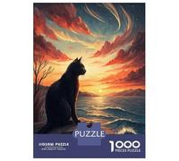 Puzzle 1000 Pièces Adulte, Black Cat Watching Sunset Over Ocean, Divertissement Intérieur, Idée Cadeau Noël, Pièces Durables, 38x26cm/1000pcs