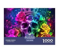 Puzzle 1000 pièces Adulte - Crâne Roses Arc-en-Ciel, Jeu Stimulant décoration Murale, idée Cadeau 52x38cm