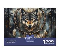 Puzzle 1000 pièces Adulte Loup, idée Cadeau - Loup, Attrape-rêves et forêt, Jeu extrêmement Difficile pour décoration Murale 52x38cm
