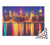Puzzle 1000 pièces Adultes Ligne d'horizon de Nuit Ligne d'horizon de New York Reflets colorés Nuit Premium Épais Solide Vibrant Défiant Soulagement du Stress Cadeau 52x38cm/1000pcs