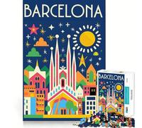Puzzle 1000 pièces - Affiche de voyage rétro - Motif paysage urbain de Barcelone - Art créatif - Jeu de cerveau facile à jouer - Affichage d'art de Noël (38 x 26 cm)