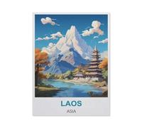 Puzzle 1000 Pièces，Affiche de Voyage Vintage du Laos en Asie，Adultes Uniques en Bois 1000 Puzzles, Enfants Éducatifs Famille Jouets Intéressants（75x50cm）-BI15