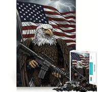 Puzzle 1000 pièces Aigle américain,Fusil et Drapeau Jeu de réflexion Amusant Conception sans Espace Emboîtement Parfait pour Les réunions de Famille (38x52cm)