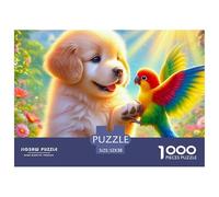 Puzzle 1000 Pièces Amitié Chiot Oiseau, Golden Retriever Ara Macao, Papier Recyclé Jeu Éducatif Anti-Stress Cadeaux Adultes Décoration Murale 52x38cm