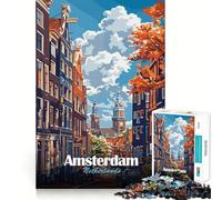 Puzzle 1000 pièces Amsterdam Pays-Bas Paysage Urbain Art Découpe Lisse Jeu de réflexion Cadeau détente et Divertissement Pièce d'art de Noël (38x52cm)