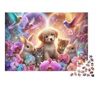Puzzle 1000 pièces Animaux Magiques - Chiots, Lapins, Fleurs - Art - Adultes à partir de 12 Ans - Jeu éducatif - Décoration Magnifique - Niveau de difficulté Stimulant - 38 x 26 cm