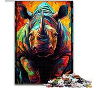 Puzzle 1000 pièces Animaux rhinocéros colorés en Bois, idée Cadeau de Noël, Illustration Humoristique, Illustration détaillée 50x75cm Un pour Noël ou Un Anniversaire