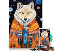 Puzzle 1000 pièces Animaux Tribaux Loup Blanc Découpe Impeccable Jeu de logique Amusant et Gratuit Activité d'anniversaire (38x26cm)