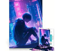 Puzzle 1000 pièces Anime Boy in Neon City,1000 pièces faciles à Assembler,sans bavures,pièces nettes et découpées,Jeu de Voyage Amusant et Portable (50x75cm)