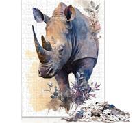 Puzzle 1000 pièces Aquarelle rhinocéros pour Adolescents Adultes, Puzzle en Papier Durable pour Adultes | Jeux 1000 pièces (75 x 50 cm)