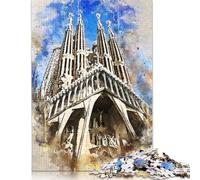 Puzzle 1000 pièces Aquarelle Sagrada Familia, difficulté : Jeux éducatifs, Jouets, Cadeaux de Noël (38 x 26 cm)