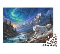 Puzzle 1000 pièces avec un loup blanc sous une aurore boréale | 38x26cm Loup blanc, Aurore turquoise, Sommets enneigés, Rivière en forêt, Trois formats