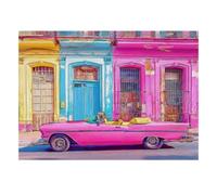 Puzzle 1000 pièces avec Voiture Rose et Rue aux façades colorées | 70x50cm Cabriolet rose vif, Façades multicolores, Ambiance de rue rétro, Moment de détente à la maison, Trois formats