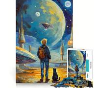 Puzzle 1000 pièces Aventure Spatiale avec Un Chat pour Adultes, Jeu de logique et Anti-Stress, découpe de précision, pour Les fêtes (38x52cm)