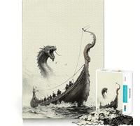 Puzzle 1000 pièces Bateau Viking Contre Serpent de mer Jeu de développement cognitif Surface Lisse sans bavures Activité relaxante en Groupe à l'intérieur (50x75cm)