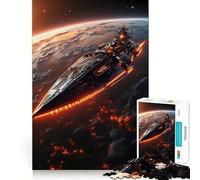 Puzzle 1000 pièces Battlecruiser Descent Un Vaisseau Spatial futuriste au-Dessus d'une planète en feu Bords Lisses Jeu de réflexion et de compétences Amusant et Relaxant Cadeau d'anniversaire 38x26cm