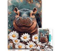 Puzzle 1000 pièces Bébé Hippopotame et Fleurs pour Ados et Adultes, Anti-Stress, défi Difficile, renforce l'amour Entre Couples 50x75cm