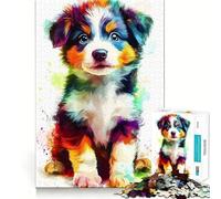 Puzzle 1000 pièces Berger Australien Portrait de Chiot coloré Précision Articulaire Jeu Amusant et Cognitif Temps Lent Jeu Artistique d'anniversaire (38x26cm)