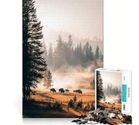 Puzzle 1000 pièces Bison dans Une forêt brumeuse Jeu de logique Amusant et décontracté Idée Cadeau de Noël (38x52cm)