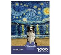 Puzzle 1000 Pièces Border Collie Dog on Beach with Starry Night Puzzle Adulte, Casse-tête, Découpe De Précision, Cadeau Unique pour Anniversaire Et Noël 52x38cm/1000pcs