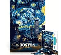 Puzzle 1000 pièces Boston USA Nuit étoilée Art Bordure sans Couture,Jeu de réflexion Amusant,Temps Libre divertissant,Cadeau Artistique de Noël (38x26cm)