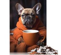 Puzzle 1000 pièces Bouledogue français Chien Café Puzzles Adultes Difficulté Puzzles Renforcer Les Relations Entre Les Membres de la Famille 1000 pièces (38x26cm)