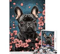 Puzzle 1000 pièces Bouledogue français et Fleurs de Cerisier Jeu de réflexion Artistique Activité familiale Décoration Murale Collection d'artistes Beaux-Arts (38x26cm)