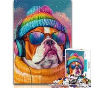 Puzzle 1000 pièces Bulldog écoutant de la Musique pour Adultes et Adolescents, pour Tuer Le Temps en Vacances avec des pièces de Formes aléatoires entièrement emboîtables 50x75cm