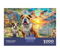 Puzzle 1000 pièces « Bulldogs Garden » en Carton recyclé Robuste, représentant Groupe Chiots en Fleurs. Adultes, avec ou sans Cadre. Cadeau d'anniversaire ou Moment Calme. 38 x 26 cm / 1000 pièces